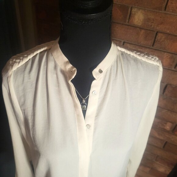ZARA Women's Off-White Long-Sleeved Button-Down Blouse w/Braid Accent - Size S - Picture 6 of 14